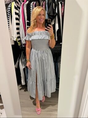 Abercrombie & Fitch Blue and White Striped Ruffle Off-Shoulder Dress